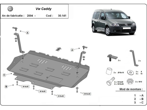 Oceľový kryt motora VW Caddy (2003-2012)Volkswagen Caddy