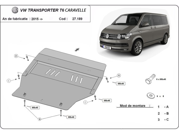 Oceľový kryt motora Volkswagen Transporter T6 Caravelle (2015-2026)