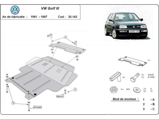 Oceľový kryt motora VW Golf 3 (1991-1998)Volkswagen Golf