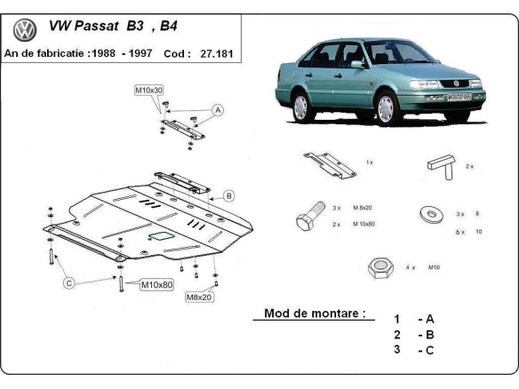 Oceľový kryt motora Volkswagen Passat - B3, B4 - Diesel (1988-1997)Volkswagen Passat
