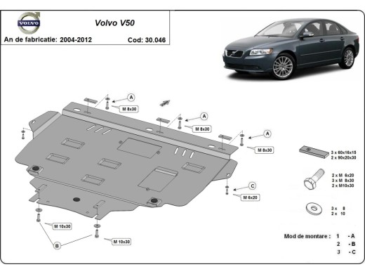 Oceľový kryt motora Volvo V50 (2004-2012)Volvo V50