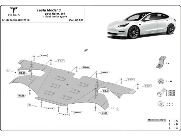 Oceľový kryt zadného elektromotora Tesla Model 3 AWD (2017-2026)