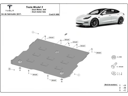 Oceľový kryt predného elektromotora Tesla Model 3 AWD (2017-2025)Tesla Model 3