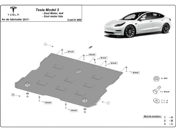 Oceľový kryt predného elektromotora Tesla Model 3 AWD (2017-2026)