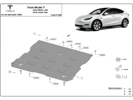 Oceľový kryt predného elektromotora Tesla Model Y AWD (2020-2023)Tesla Model Y