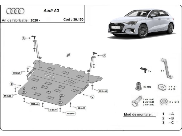 Oceľový kryt motora Audi A3 (2020-2025)Audi A3