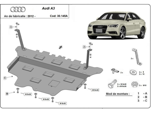 Oceľový kryt motora Audi A3 (8V) - Automatická prevodovka (2012-2020)Audi A3