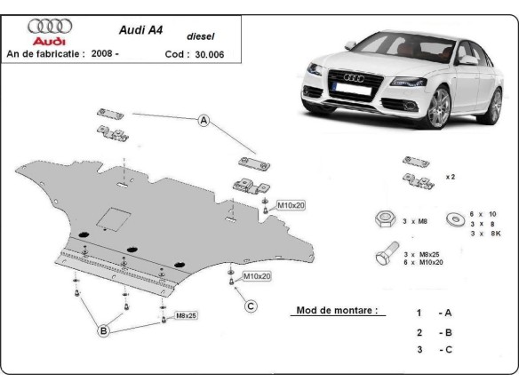 Oceľový kryt motora Audi A4 B8, diesel (2008-2015)Audi A4
