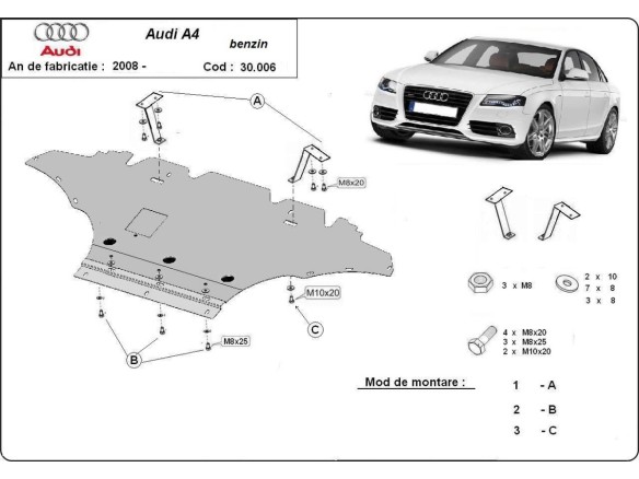 Oceľový kryt motora Audi A4 B8, benzin (2008-2015)Audi A4