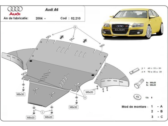 Oceľový kryt motora Audi A6 s bočnými klapkami (2004-2011)Audi A6