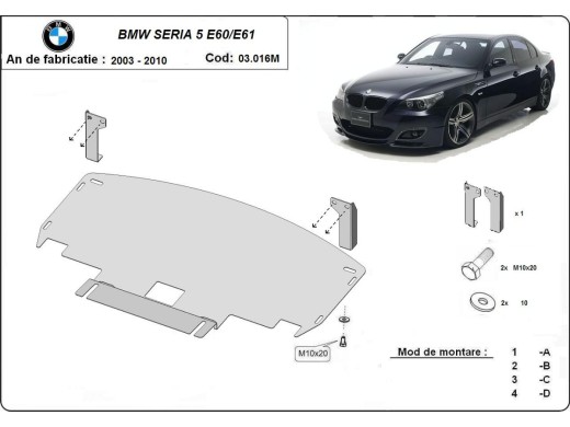 Oceľový kryt motora BMW Seria 5 E60/E61 predný nárazník M paket (2003-2010)BMW Seria 5