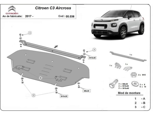 Oceľový kryt motora Citroen C3 Aircross (2017-2025)Citroen C3 Aircross