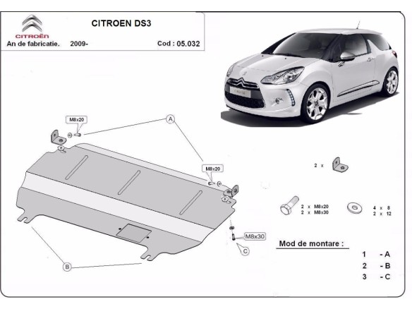 Oceľový kryt motora Citroen DS3 (2009-2025)Citroen DS3