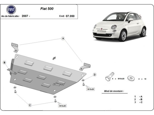 Oceľový kryt motora Fiat 500 (2007-2025)Fiat 500