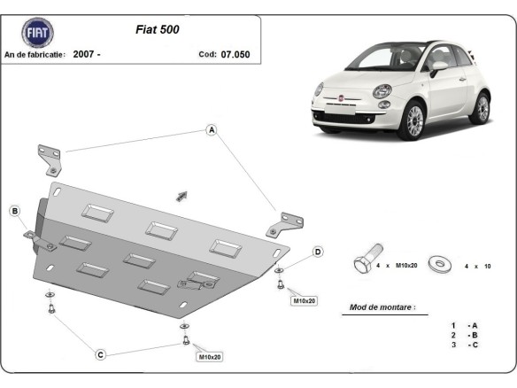 Oceľový kryt motora Fiat 500 (2007-2026)