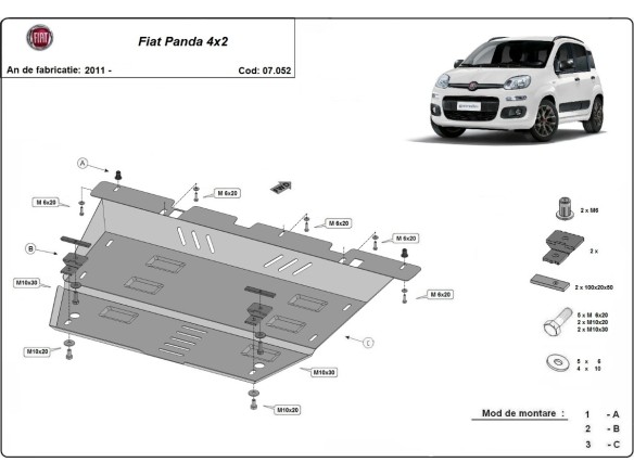 Oceľový kryt motora Fiat Panda 4x2 (2011-2025)Fiat Panda