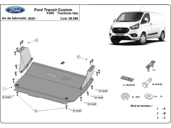 Oceľový kryt motora Ford Transit Custom - FWD (2020-2023)