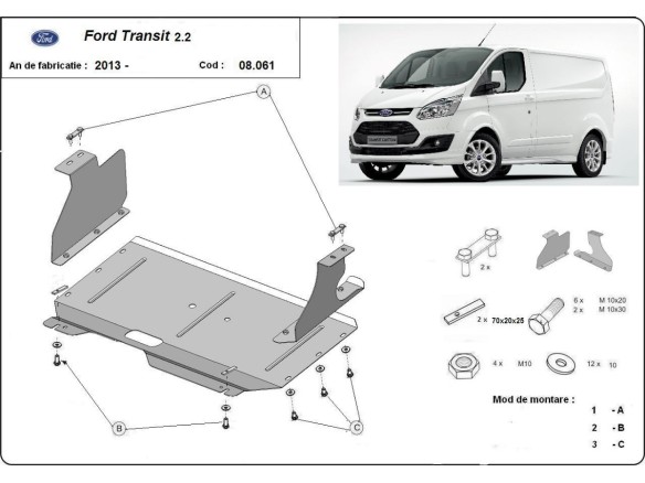Oceľový kryt motora Ford Transit Custom (2013-2019)Ford Transit Custom