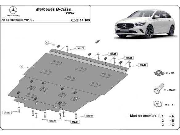 Oceľový kryt motora Mercedes B-Class W247 (2019-2025)Mercedes B-Classe