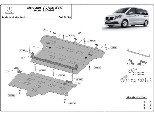 Oceľový kryt motora Mercedes V-Class W447, 2.2 D, 4x4 (2020-2026)