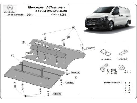 Oceľový kryt motora Mercedes V-Class W447 2.2 D, 4x2 (2014-2025)Mercedes V-Classe