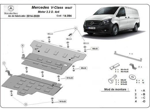 Oceľový kryt motora Mercedes V-Class W447, 2.2 D, 4x4 (2014-2020)Mercedes V-Classe