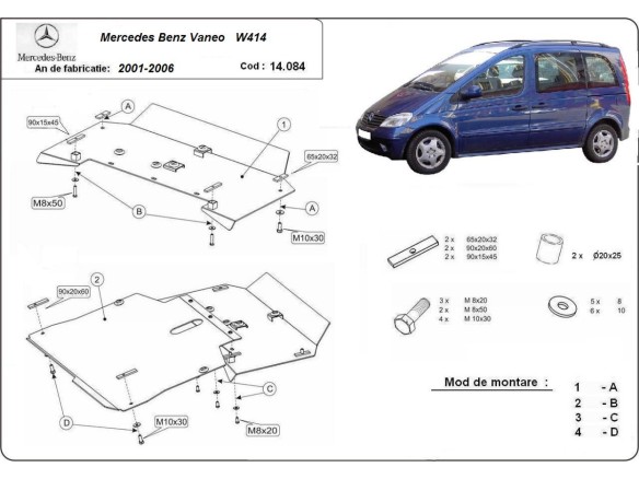 Oceľový kryt motora Mercedes Vaneo W414 (2001-2006)Mercedes Vaneo