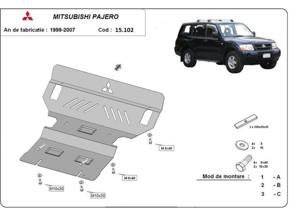 Oceľový kryt motora Mitsubishi Pajero 3 (V60, V70) (1999-2007)Mitsubishi Shogun