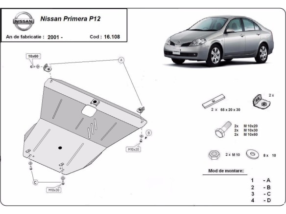 Oceľový kryt motora Nissan Primera P12 (2001-2007)Nissan Primera
