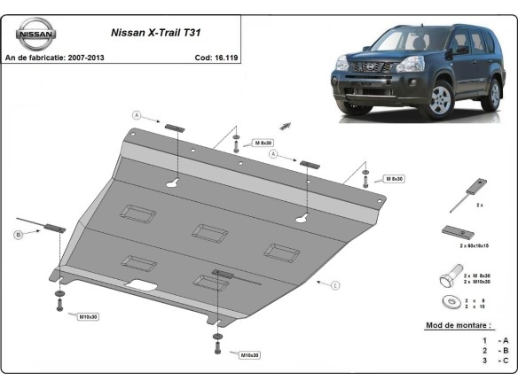 Oceľový kryt motora Nissan X-Trail T31 - Vers 2.0 (2007-2013)Nissan X-Trail