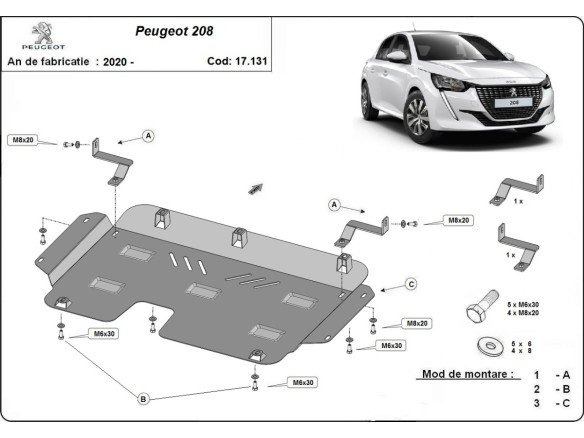 Oceľový kryt motora Peugeot 208 (2019-2025)Peugeot 208