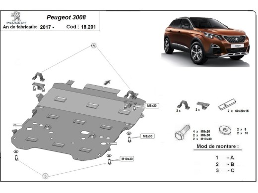 Oceľový kryt motora Peugeot 3008 (2017-2024)Peugeot 3008