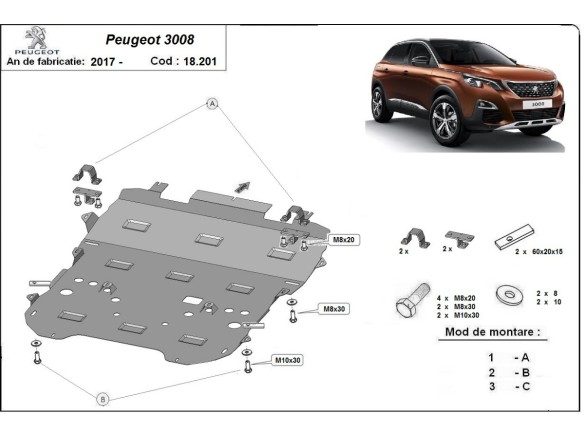 Oceľový kryt motora Peugeot 3008 (2017-2024)Peugeot 3008