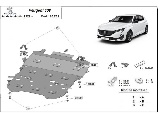 Oceľový kryt motora Peugeot 308 (2018-2026)