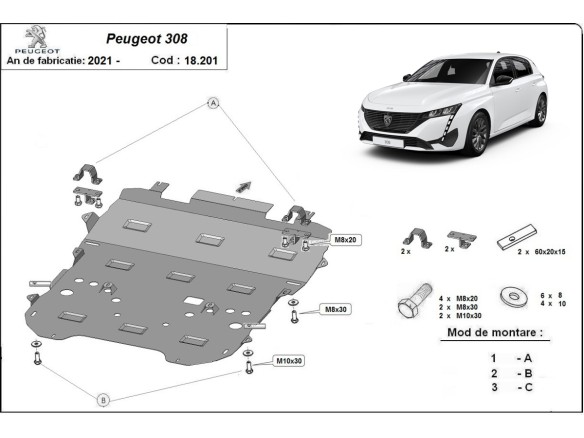 Oceľový kryt motora Peugeot 308 (2018-2025)Peugeot 308