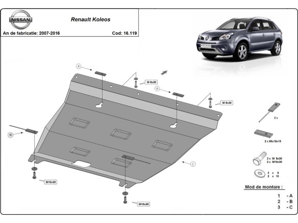 Oceľový kryt motora Renault Koleos - Vers 2.0 (2007-2016)Renault Koleos