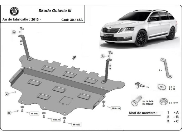 Oceľový kryt motora Skoda Octavia 3 - Automatická prevodovka (2013-2019)Skoda Octavia