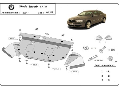 Oceľový kryt motora Skoda Superb - 2.5 Tdi, V6 (2001-2008) 2