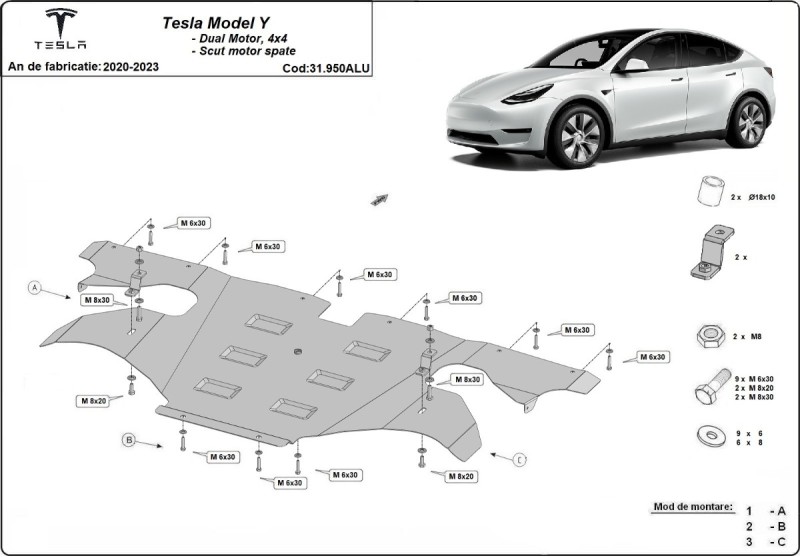Hliníkový kryt motora Tesla Model Y (2020-2023)