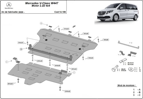 Oceľový kryt motora Mercedes V-Classe W447, 4x2, 1.6 D (2020-2026)
