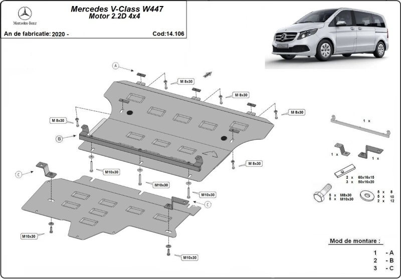 Oceľový kryt motora Mercedes V-Classe W447, 4x2, 1.6 D (2020-2026)