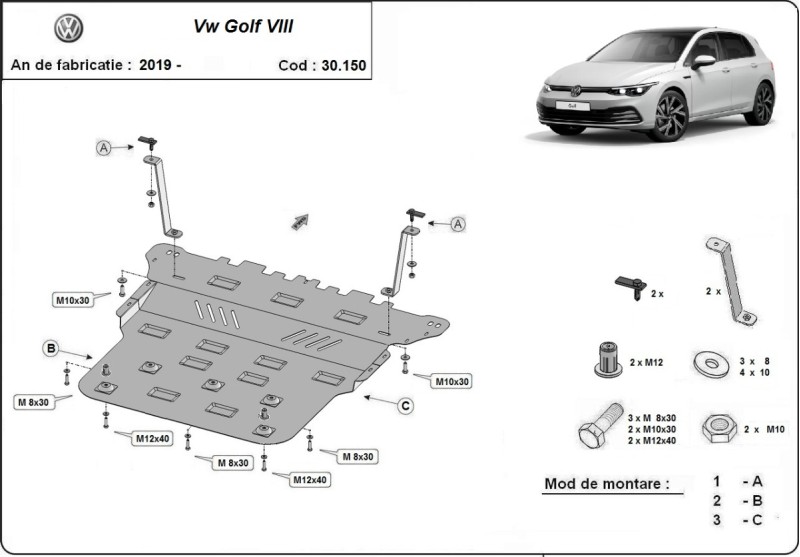 Oceľový kryt motora VW Golf 7 - Automatická prevodovka (2019-2026)